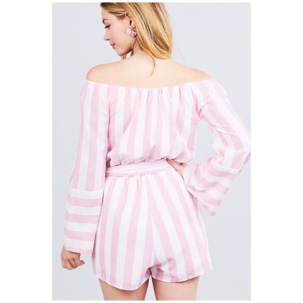 🌟Off Shoulder Bell Sleeve Stripe Romper Pink 1620 - Picture 2 of 4